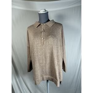 TUCKERNUCK Sweater Womens M/L Tan Classic Long Sleeve Knit Polo Shirt Top Linen